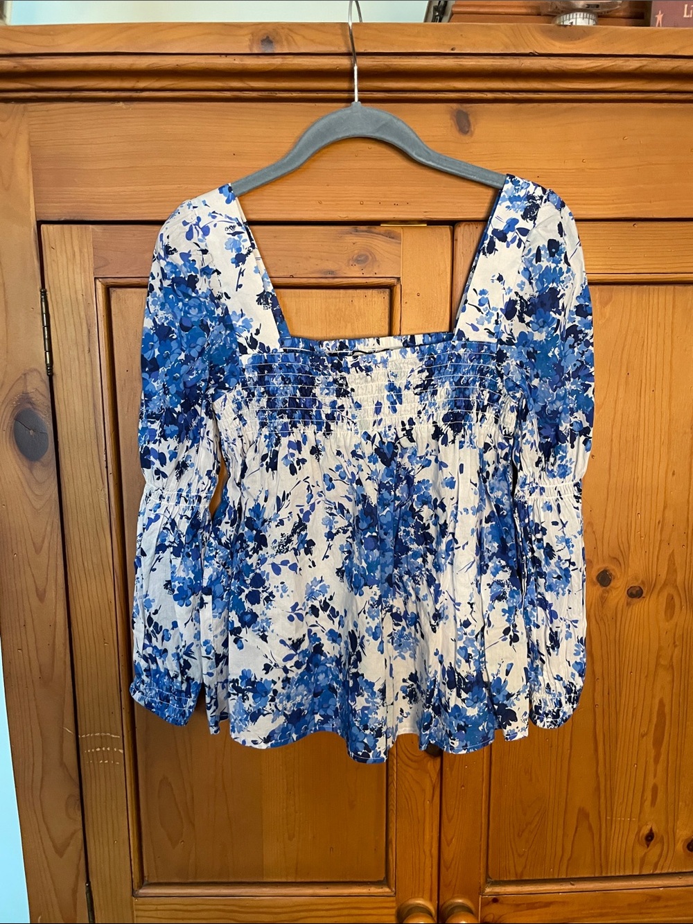Tuckernuck White and Blue Floral Square-Neck Blouse